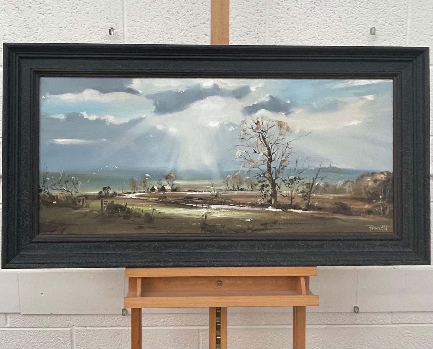 Frank Fitzsimons Ireland Landscape With Trees, Buildings & Sun Rays By Contemporary Irish Artist 1985 Circa photo for sale