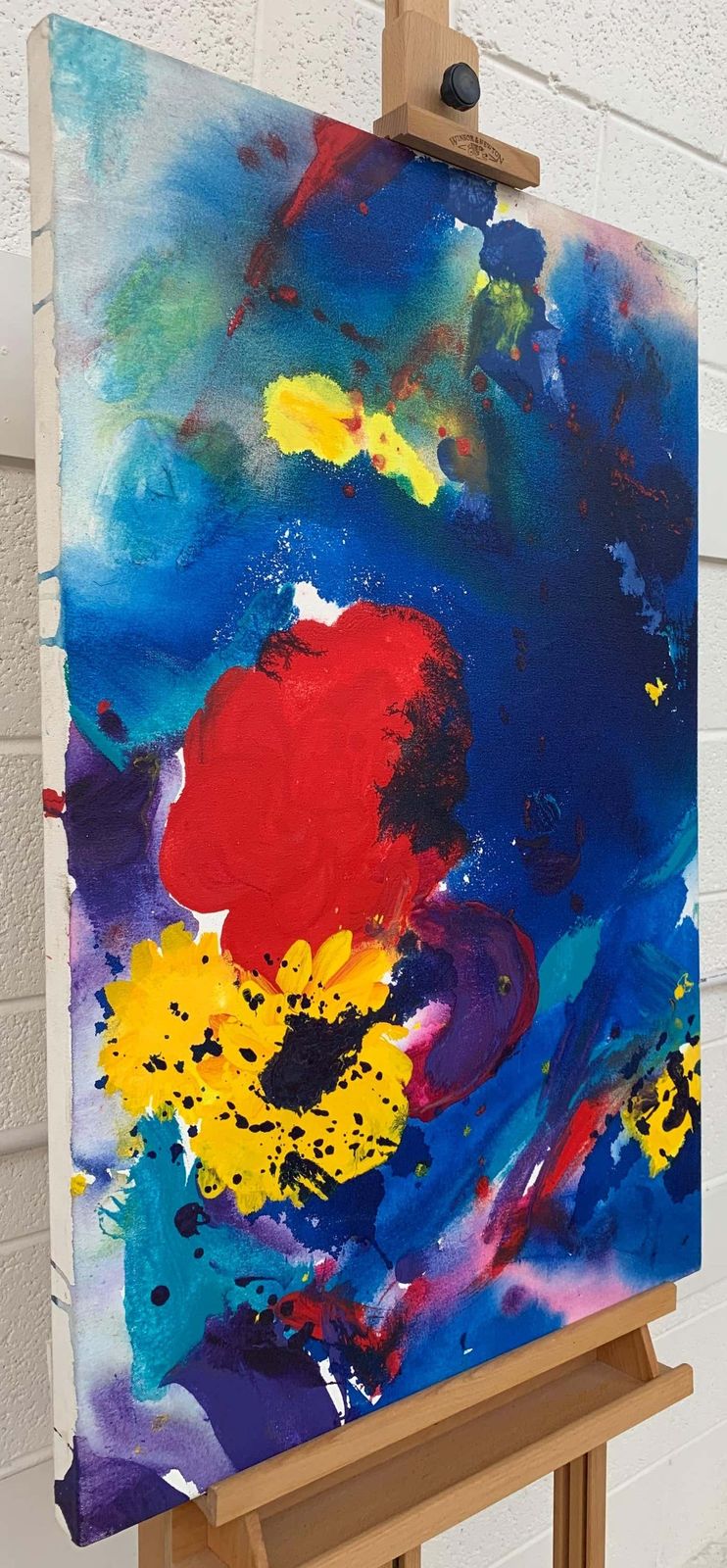 Margaret Francis Abstract Flowers Painting Blue Red Yellow Purple Colour By Modern British Artist 1992 photo furniture
