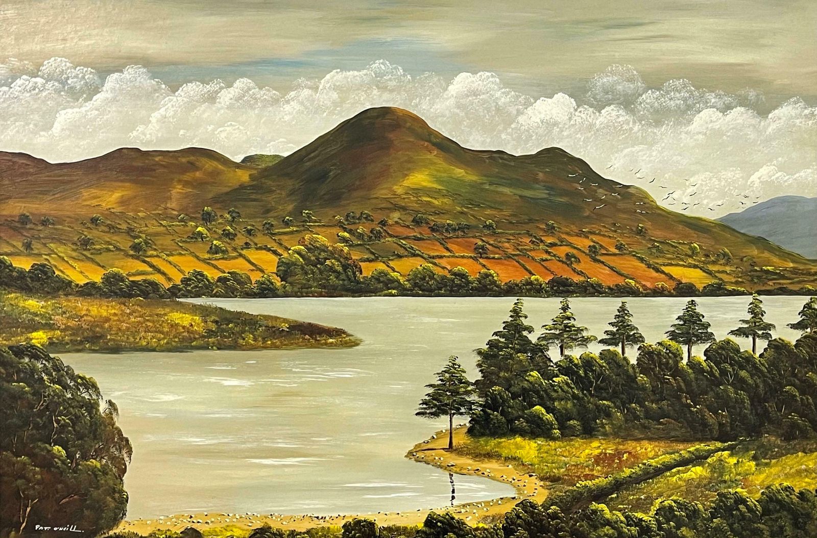 photo vintage Patrick O'neill Oil Painting Of Camlough Lake In Northern Ireland By 20th Century Modern Artist 1985 Circa