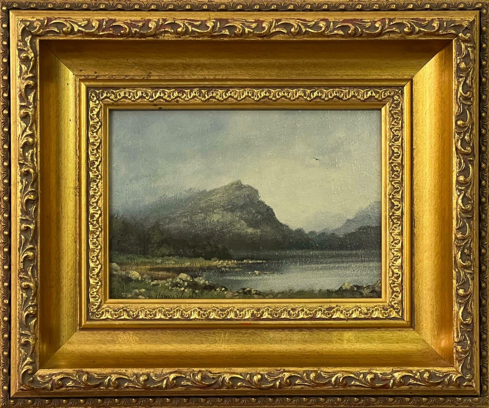 James Wright Painting Of Lake & Mountains In England By 20th Century British Landscape Artist 1980 Circa
