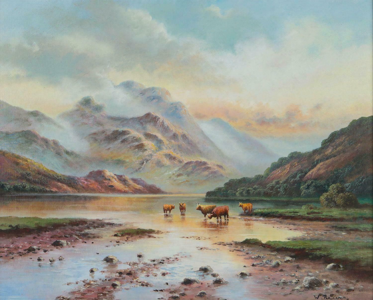 Wendy Reeves Oil Painting Of Highland Cows In Scotland Loch By 20th Century British Artist 1985 Circa photo furniture