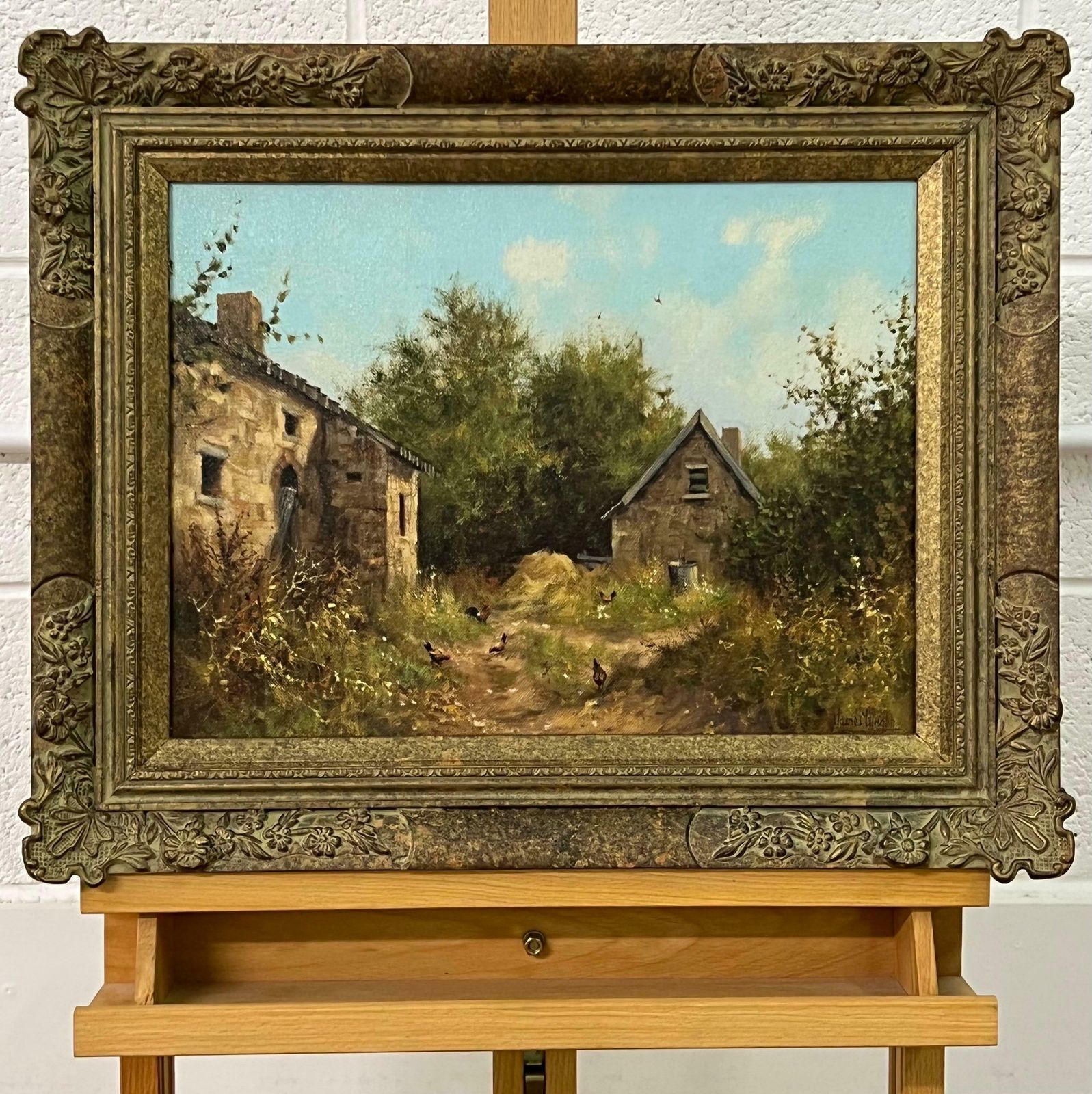 James Wright Rural Farm House Scene With Hens In English Countryside By 20th Century Artist 1985 Circa photo for sale