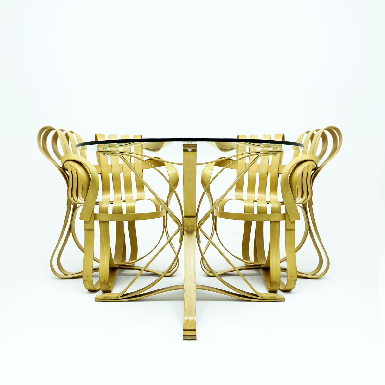 Frank Gehry Dinette Featuring 2 Bentwood Cross Check Chairs Matched To A Face Off Dining Table For Knoll International photo 9950.0