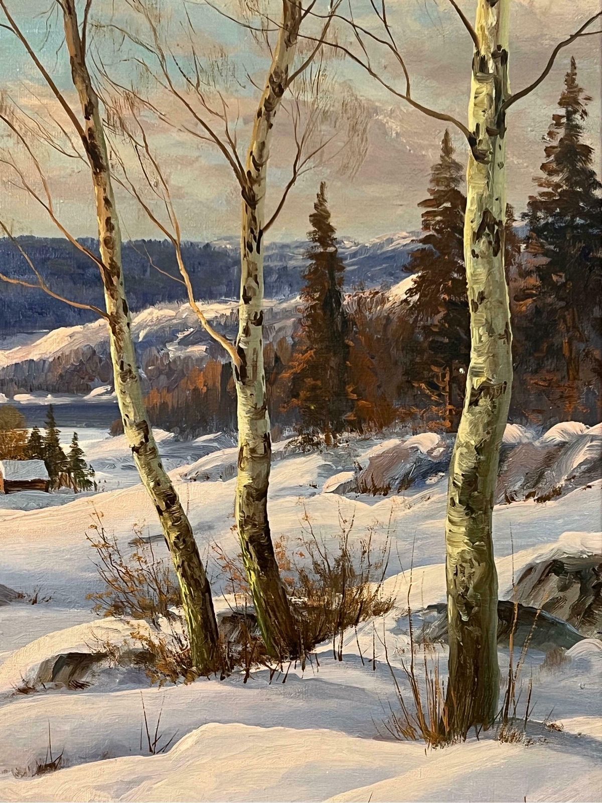Jens Christian Bennedsen Swedish Hamlet In A Snowy Winter Landscape With Birch Trees By Danish Artist 1950s photo 2750.0