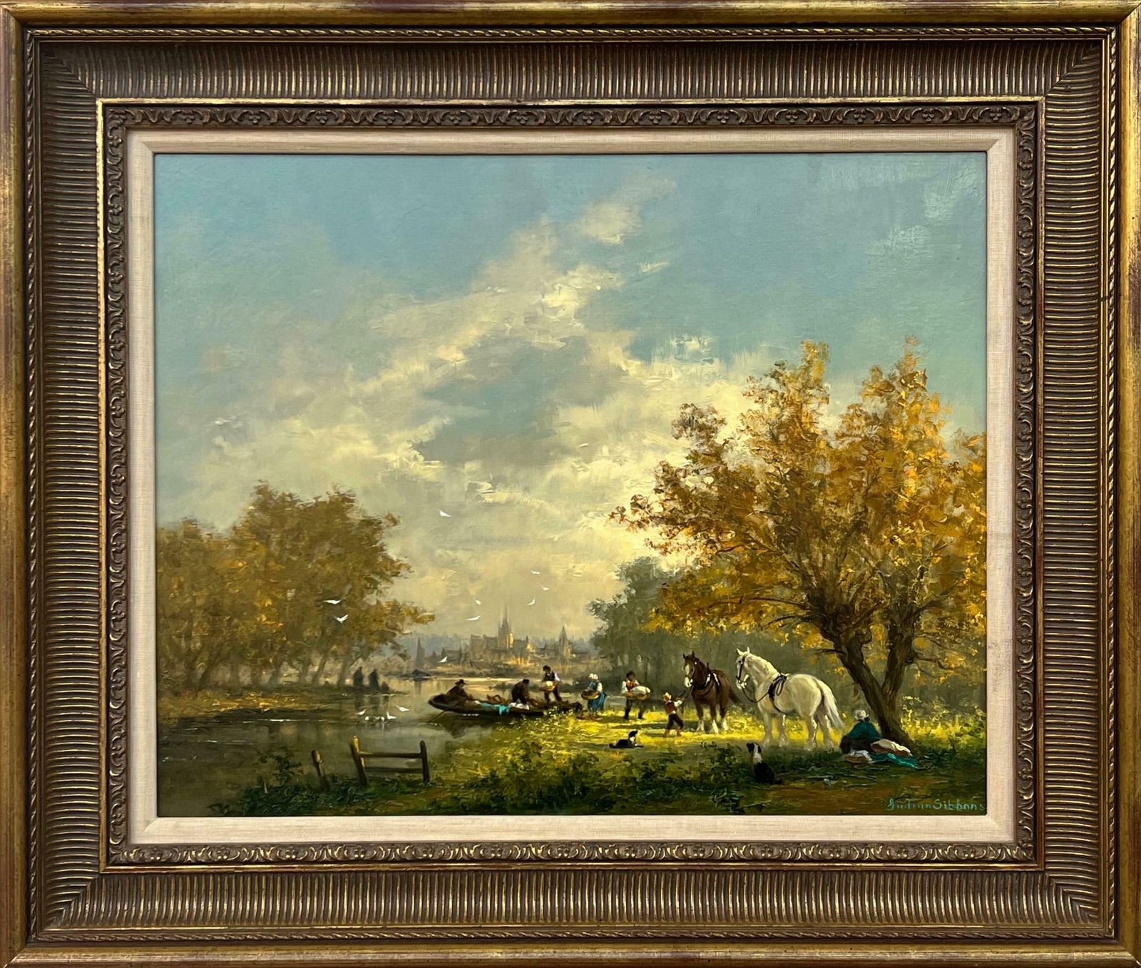 Gudrun Sibbons Idyllic Countryside Scene With River Boat, Horses, Figures & Dogs In Sunshine 1960 Circa