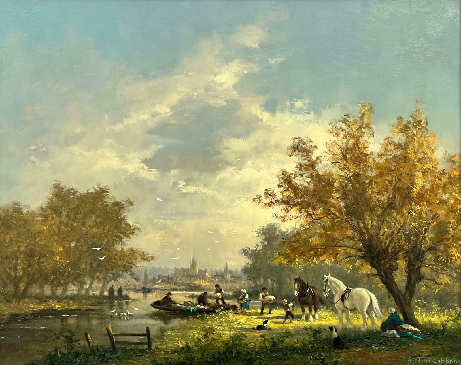 Gudrun Sibbons Idyllic Countryside Scene With River Boat, Horses, Figures & Dogs In Sunshine 1960 Circa photo Art