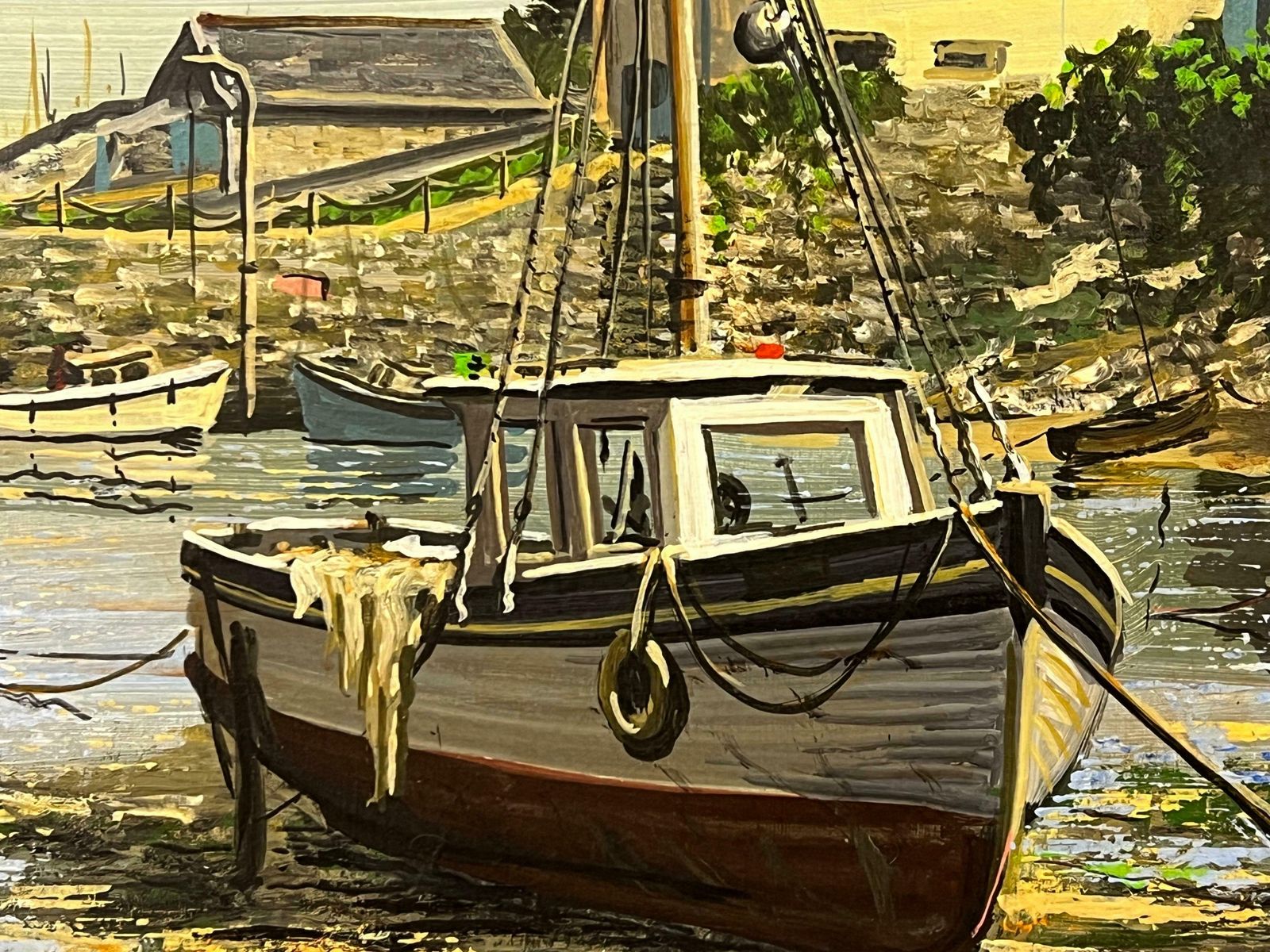 William Stockman Vintage 1970's Harbour Scene With Moored Boats & Figures By British Artist 1971 photo vintage