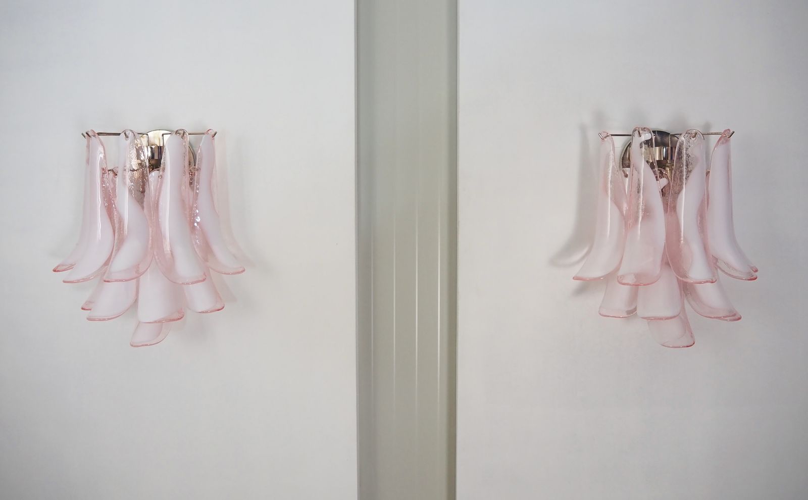 Pair Of Vintage Italian Murano Wall Lights In The Manner Of Mazzega   10 Pink Lattimo Glass Petals photo 520.0