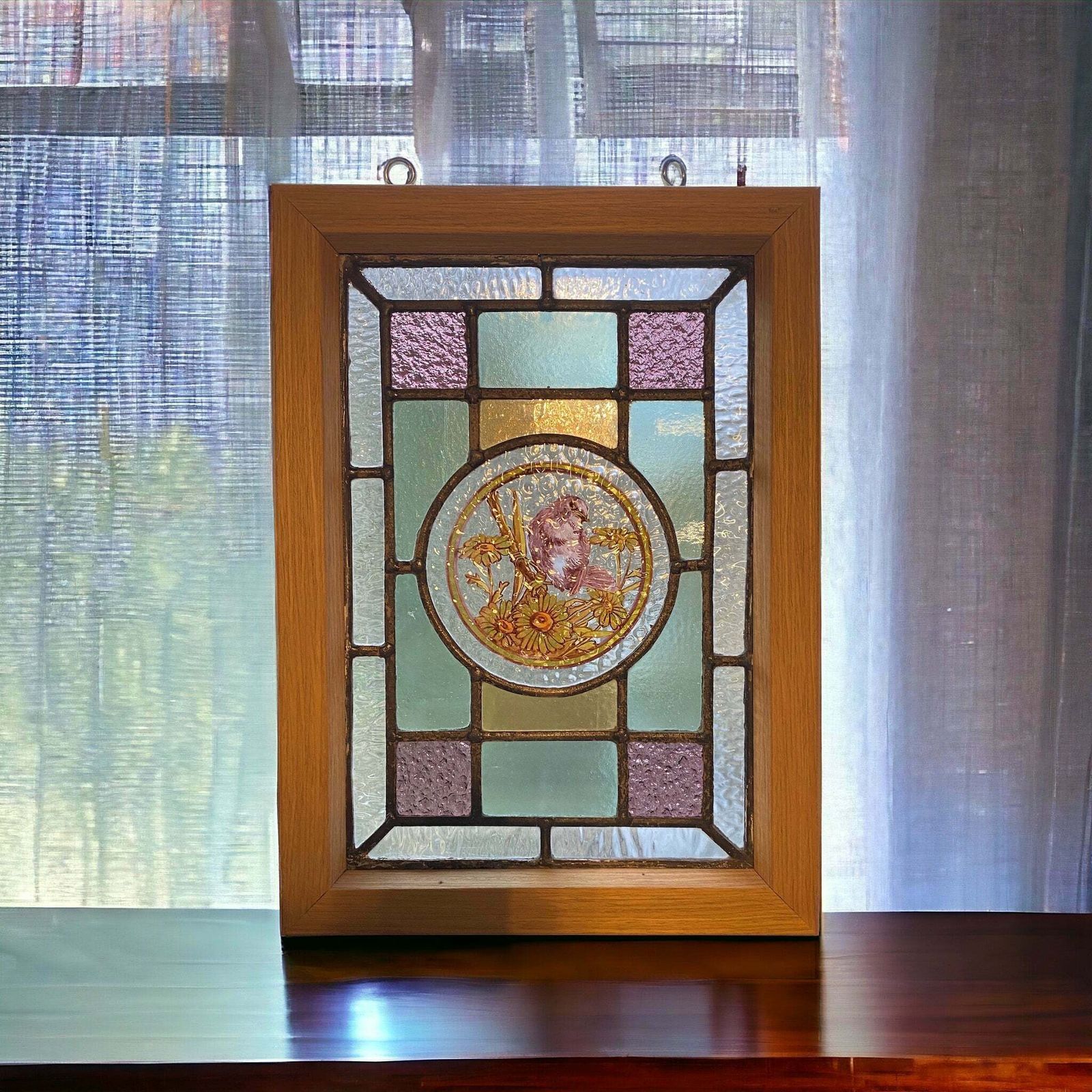 Victorian English Leaded Stained Glass Birds Flowers #4