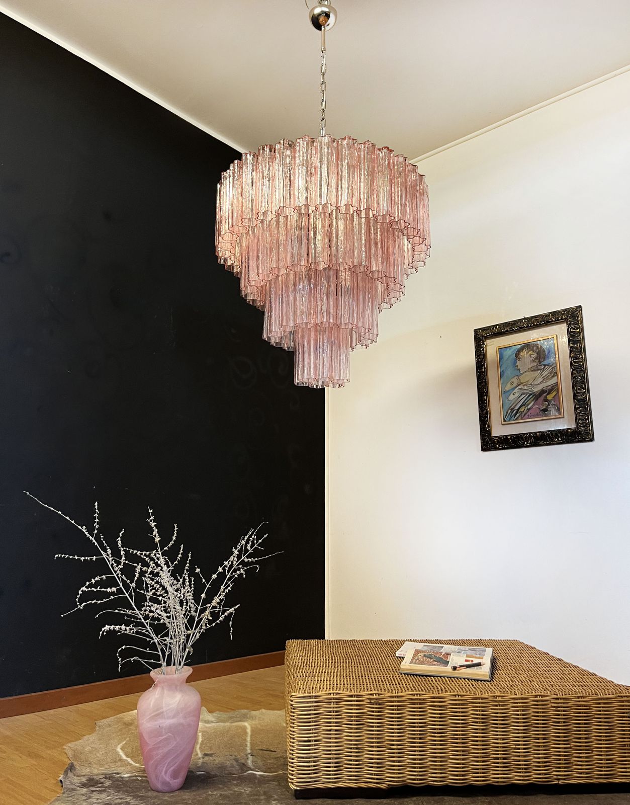 Huge Vintage Murano Glass Tiered Chandelier   78 Pink Glasses photo for sale