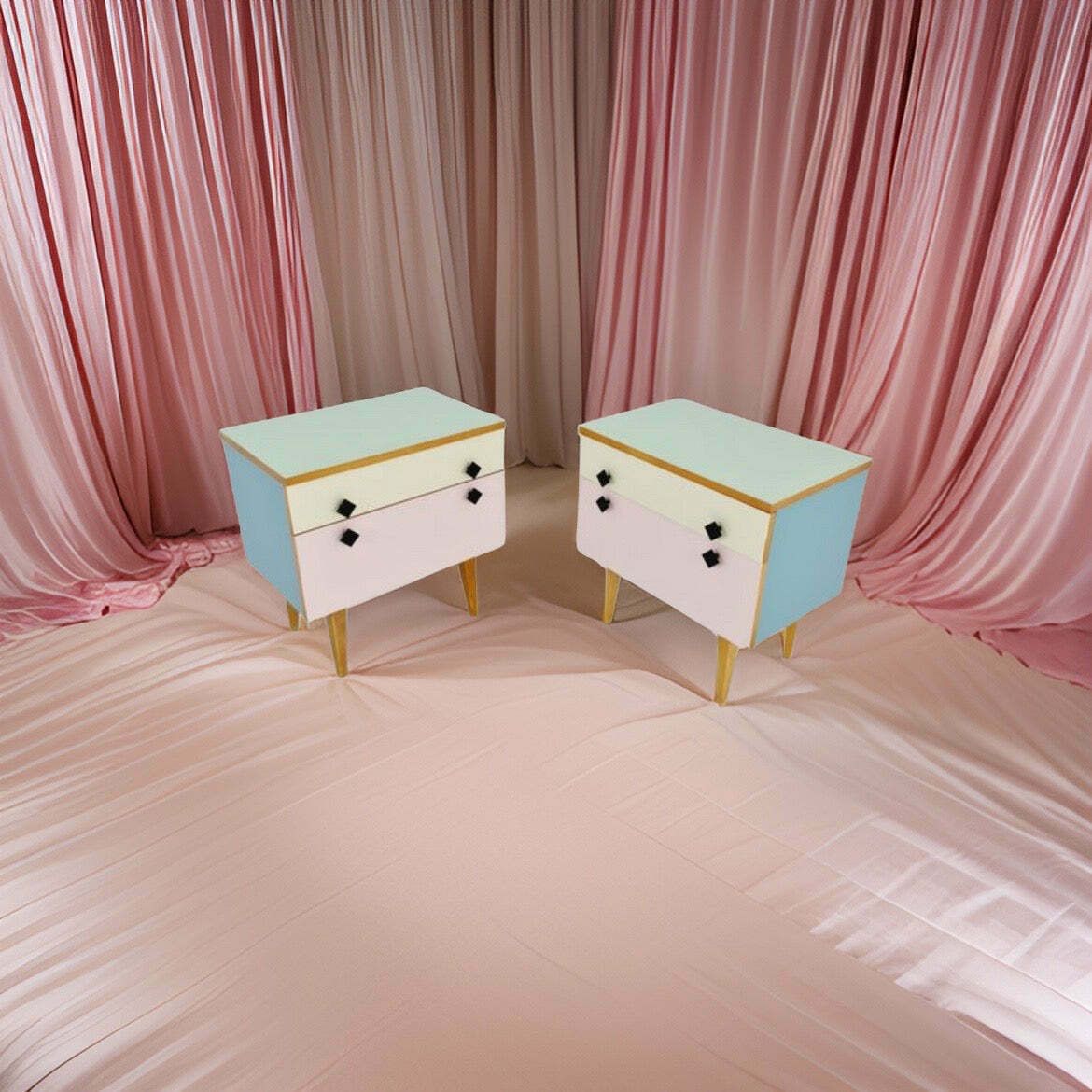 Pair Of Pastel Coloured Bedside Tables ~ Swedish 1950s photo Furniture