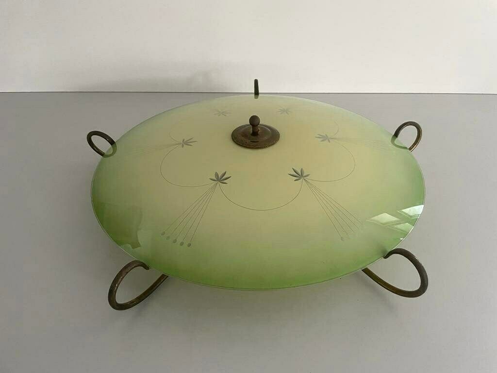 Mid Century Ufo Design Green Glass And Gold Metal Flush Mount Ceiling Lamp, 1950s, Germany photo furniture