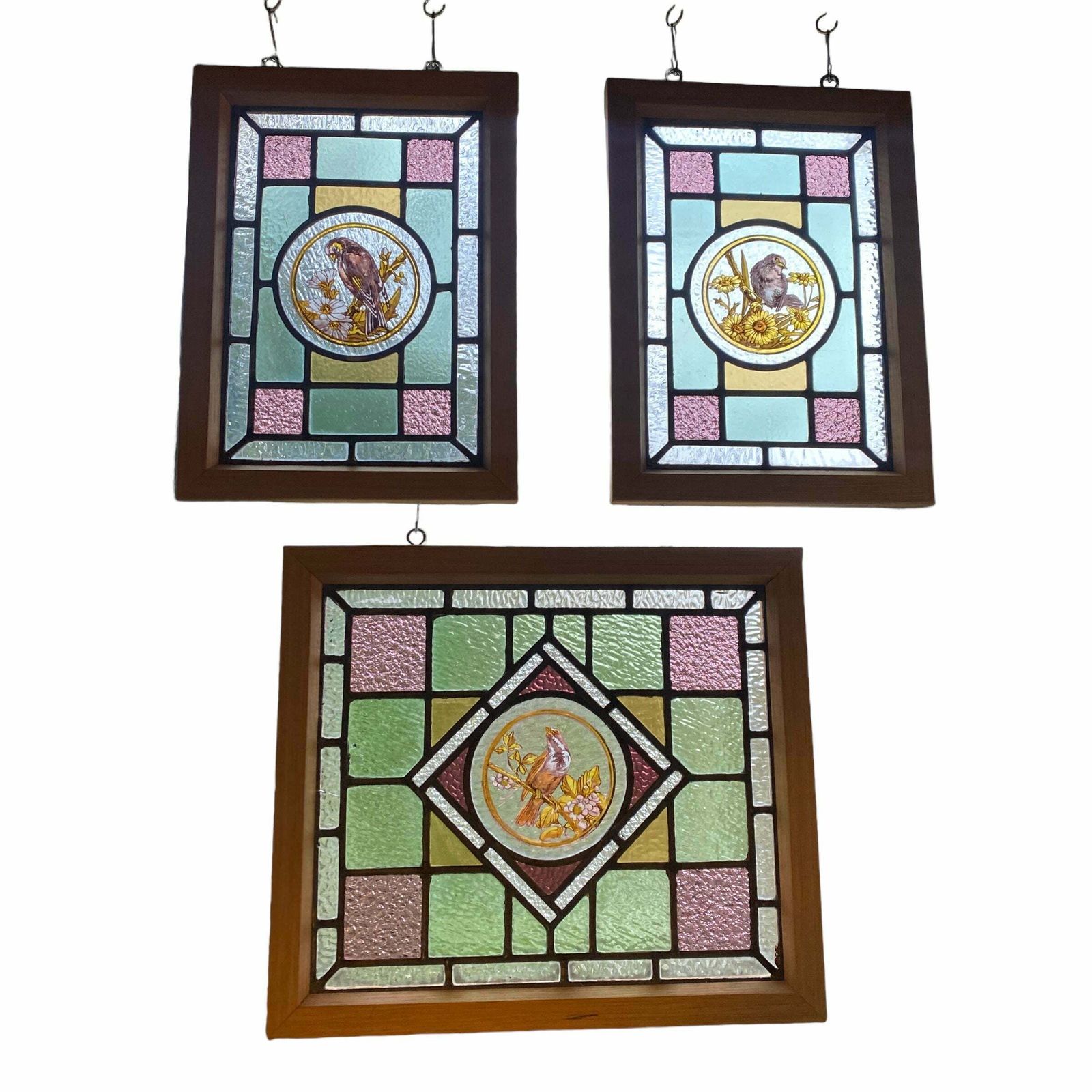 Victorian English Leaded Stained Glass Birds Flowers #2 photo vintage