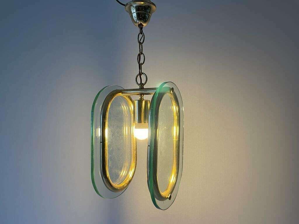 Beautiful Italian Design 2 Thick Glass Piece & Brass Body Ceiling Lamp, 1970s, Italy