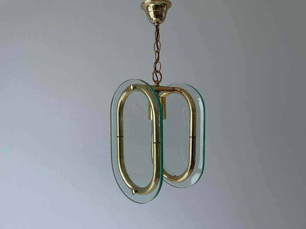 Beautiful Italian Design 2 Thick Glass Piece & Brass Body Ceiling Lamp, 1970s, Italy photo furniture