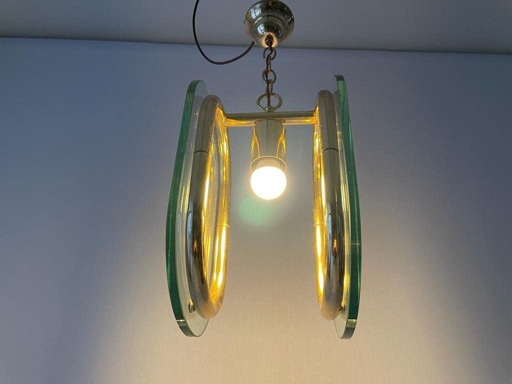 Beautiful Italian Design 2 Thick Glass Piece & Brass Body Ceiling Lamp, 1970s, Italy photo for sale