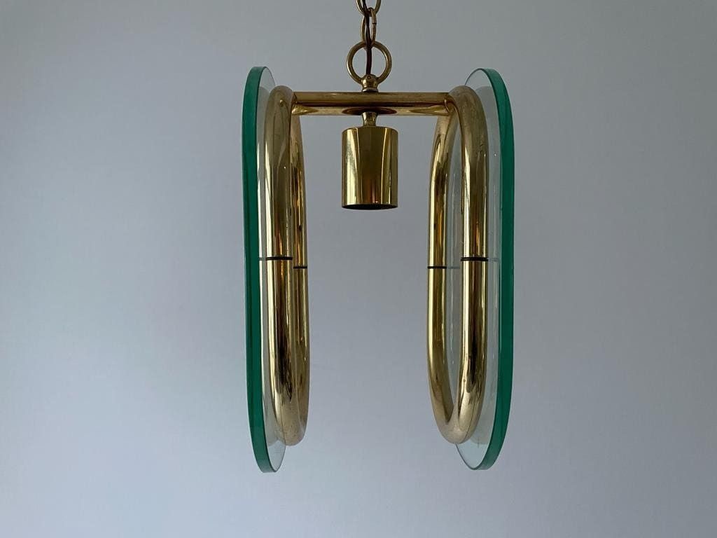 Beautiful Italian Design 2 Thick Glass Piece & Brass Body Ceiling Lamp, 1970s, Italy photo Lighting