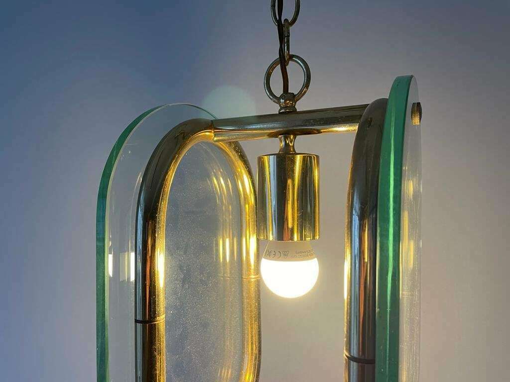 Beautiful Italian Design 2 Thick Glass Piece & Brass Body Ceiling Lamp, 1970s, Italy photo vinterior
