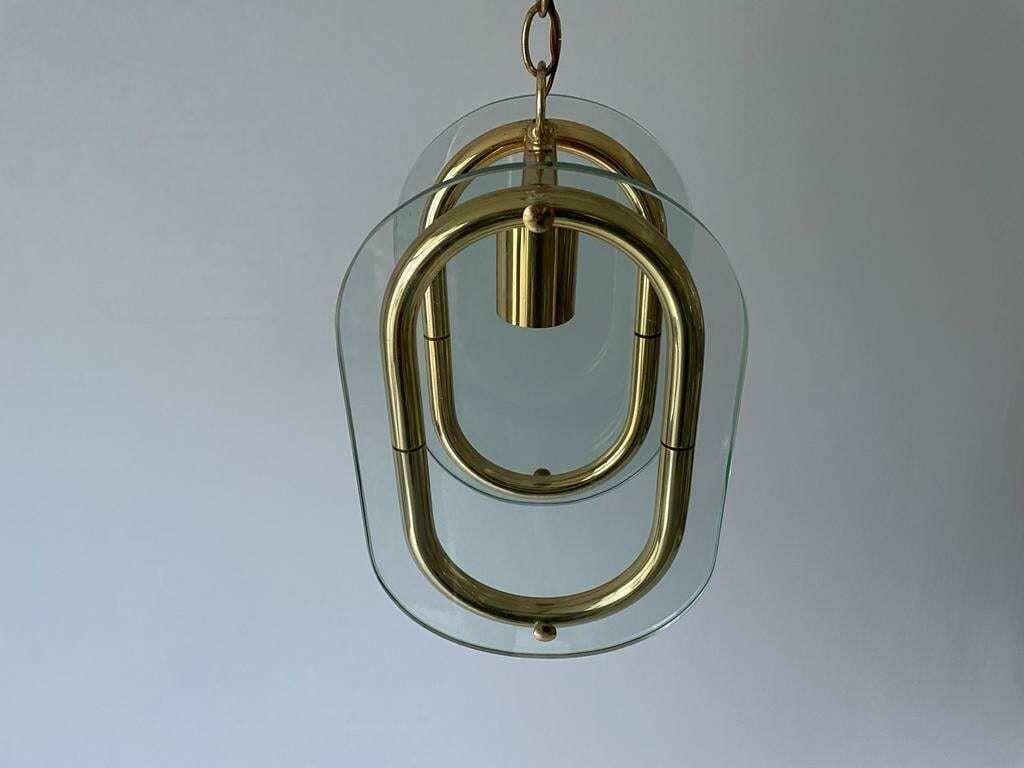 photo furniture Beautiful Italian Design 2 Thick Glass Piece & Brass Body Ceiling Lamp, 1970s, Italy