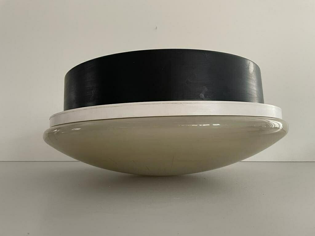Italian Black White Metal Body And Plexiglass Mushroom Flush Mount Ceiling Light, 1960s, Italy photo vinterior