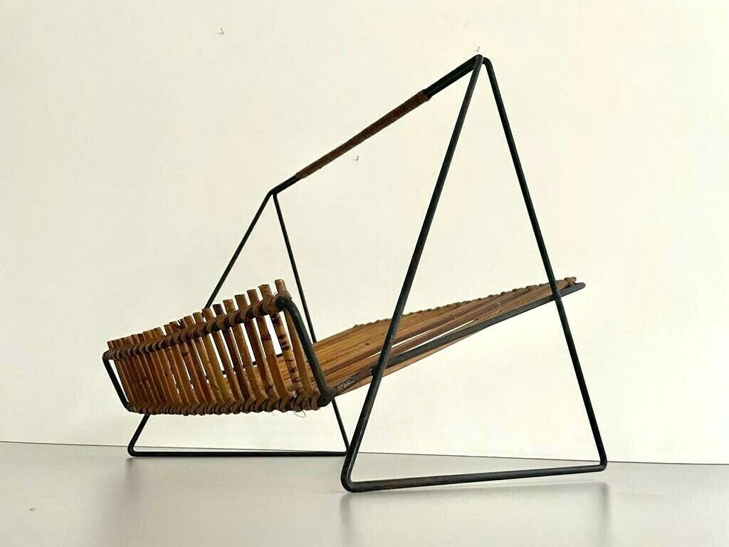 Mid Century Black Metal And Rattan Magazine   Newspaper Stand, 1950s, Italy