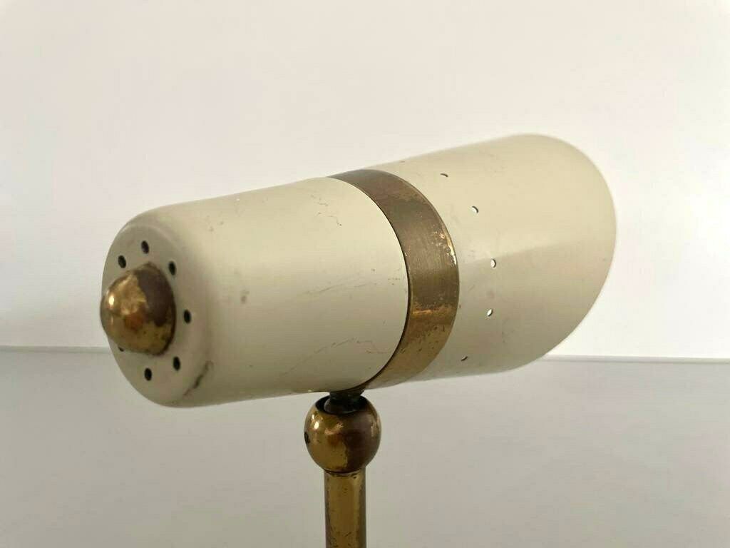 photo for sale Worn Cream Metal And Brass Body Italian Design Pair Of Sconces, In Style Of Stilnovo, 1950s, Italy
