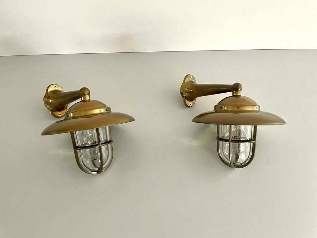 Wonderful Brass And Glass Pair Of Iconic Ship Wall Lamps, 1960s, Germany