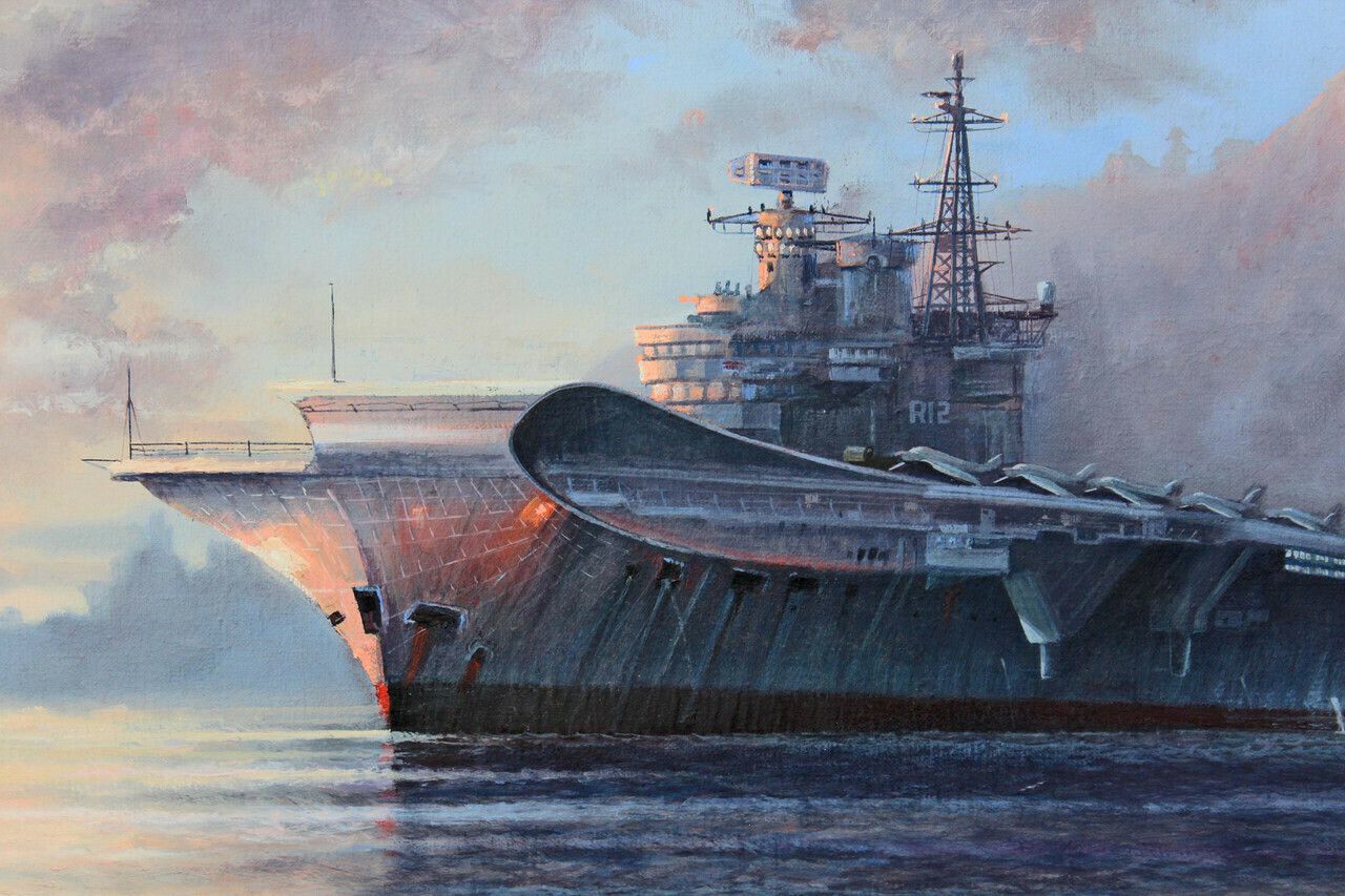 Naval Majesty: M J Whitehand's High Quality Large Oil Painting Of Hms Hermes Aircraft Carrier