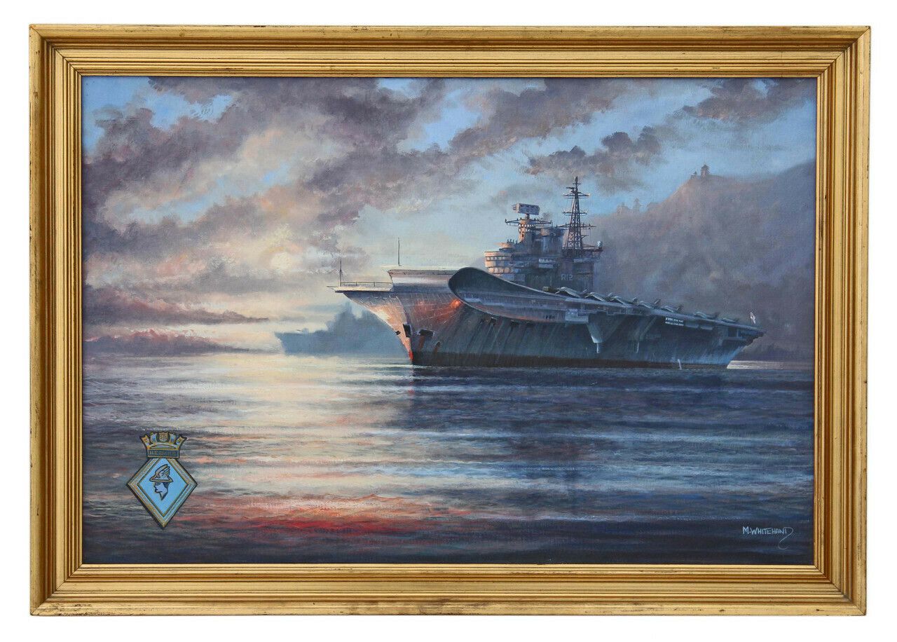 Naval Majesty: M J Whitehand's High Quality Large Oil Painting Of Hms Hermes Aircraft Carrier photo for sale