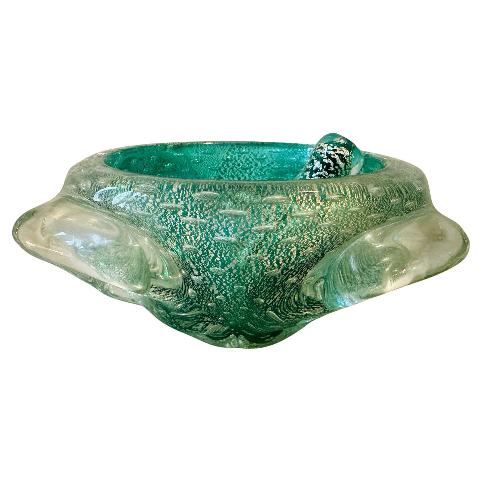 1960s Barovier Style Green And Gold Bullicante Murano Glass Ashtray And Pestle