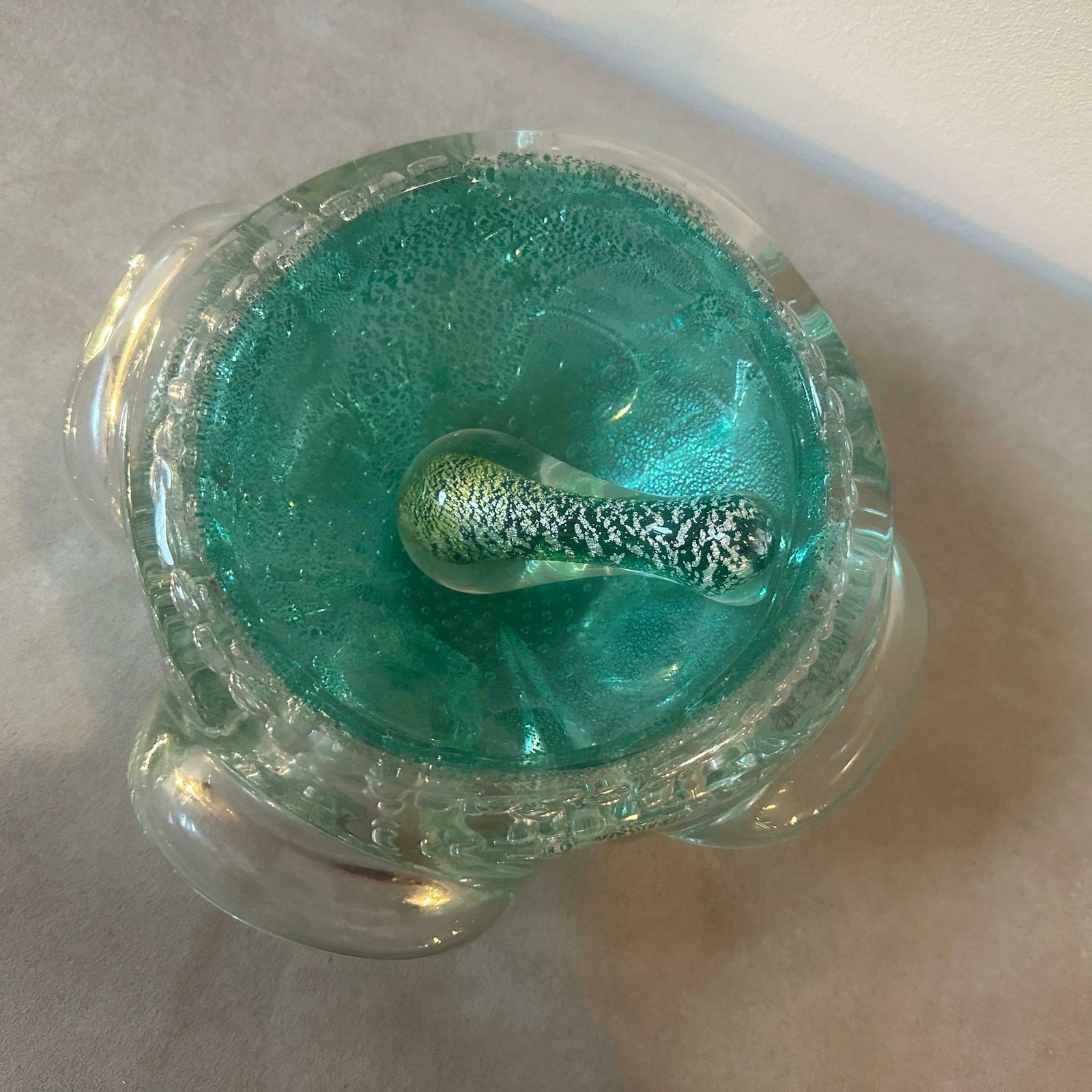 photo for sale 1960s Barovier Style Green And Gold Bullicante Murano Glass Ashtray And Pestle