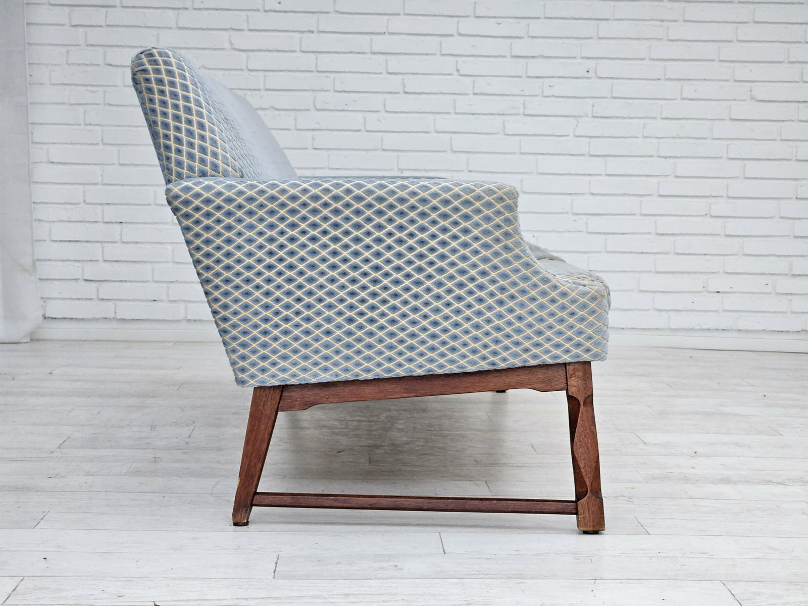 1970s, Danish 3 Seater Sofa, Original Good Condition, Velour, Oak Wood. photo furniture