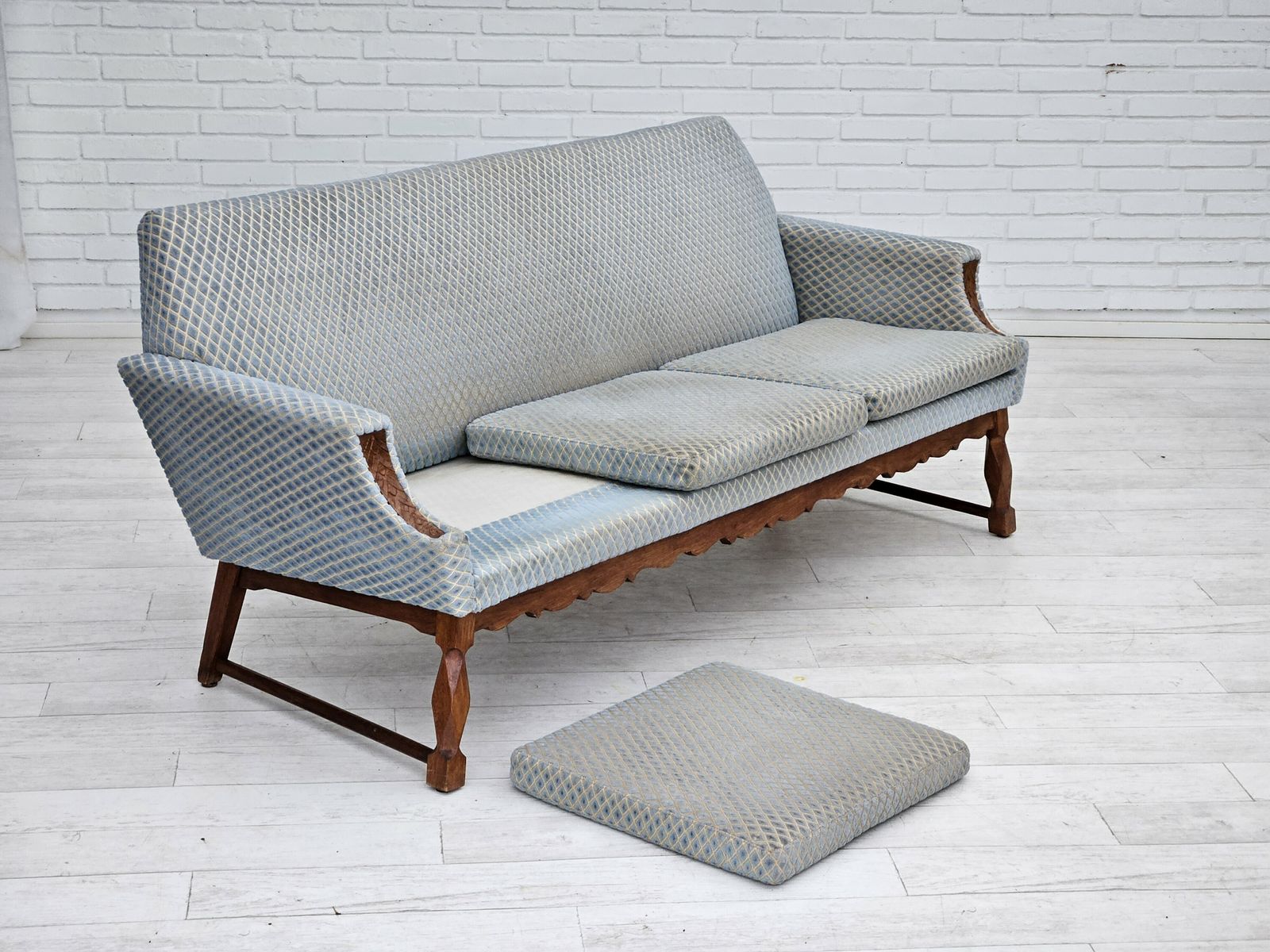 photo furniture 1970s, Danish 3 Seater Sofa, Original Good Condition, Velour, Oak Wood.