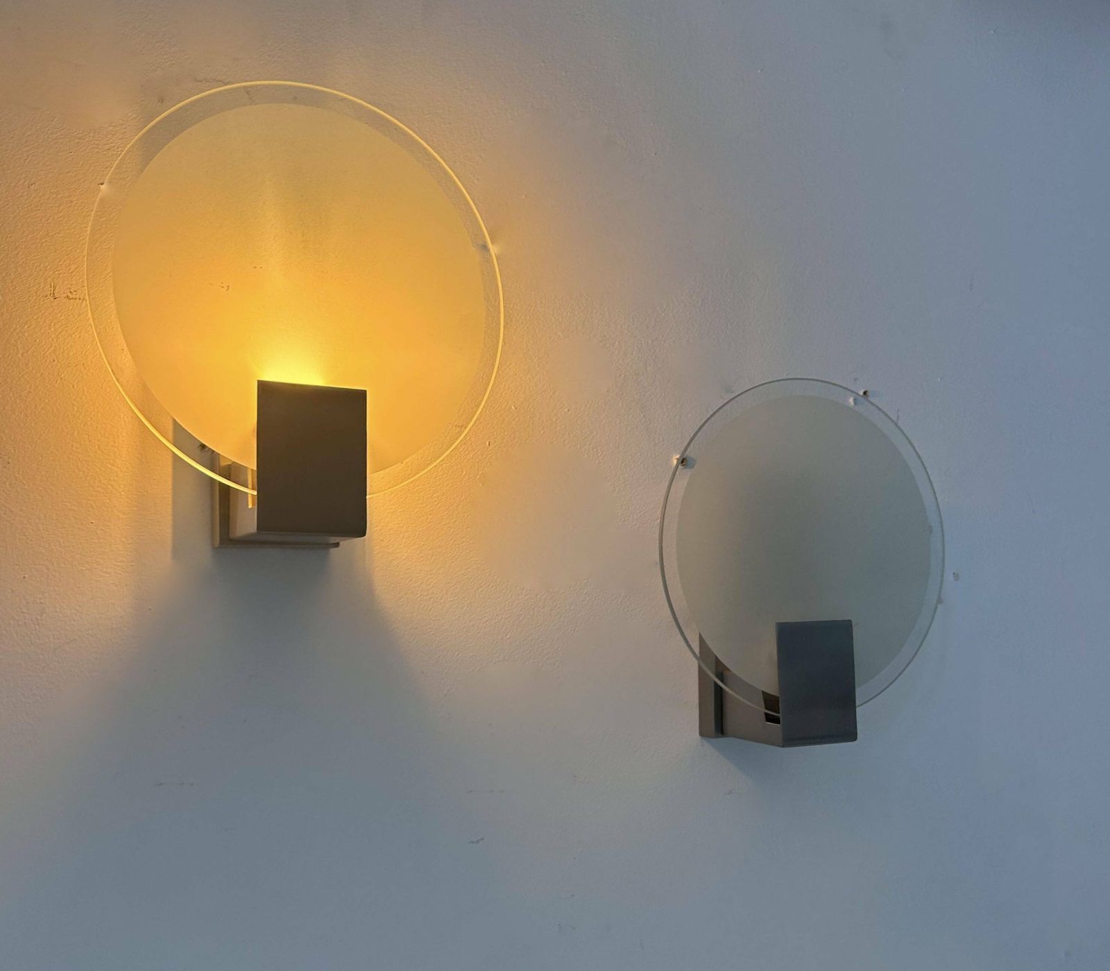 Pair Of Vintage Round Wall Lights, Chrome And Sandblasted Glass, France 1980s photo for sale