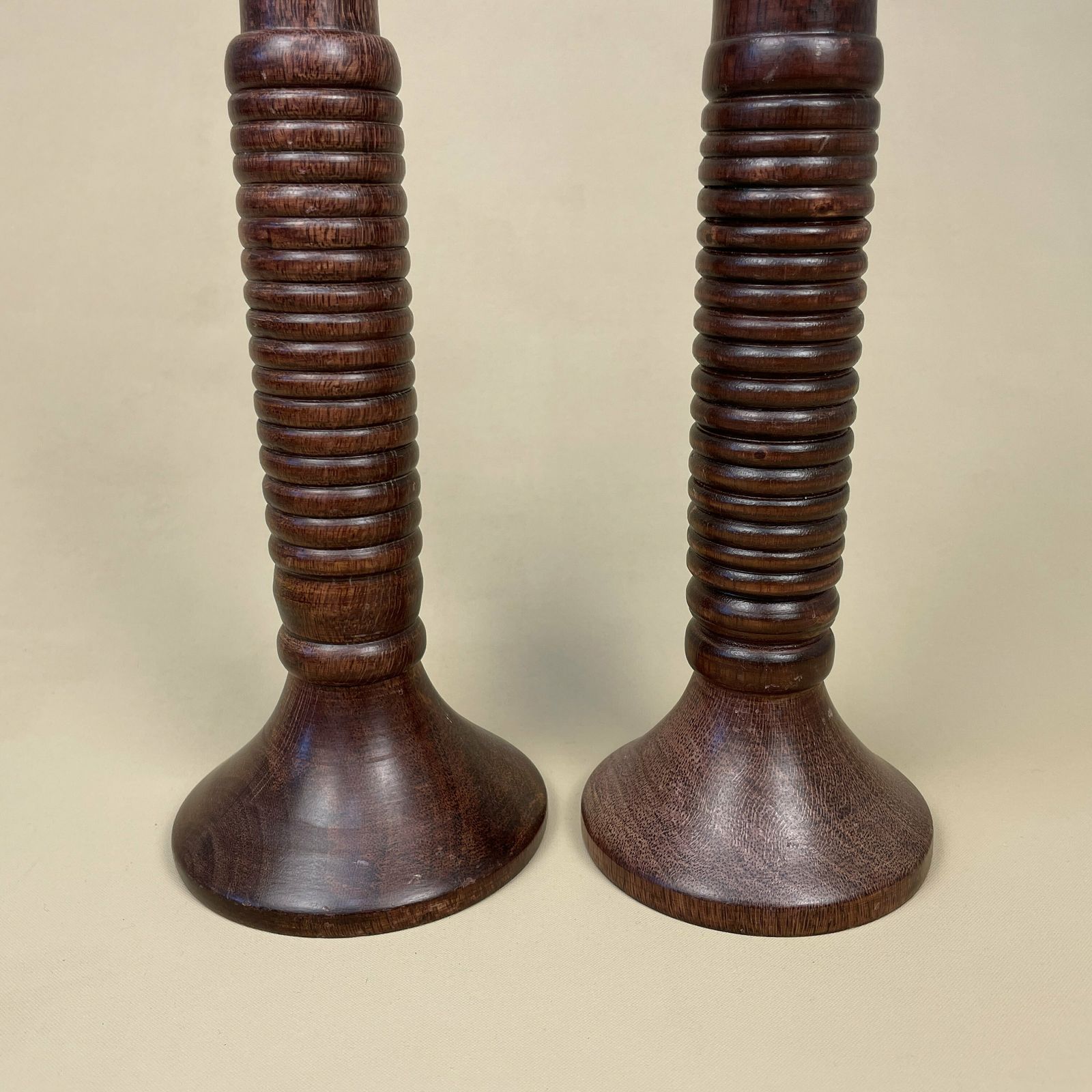 Antique Matching Pair Of Wooden Gold Brass Candlestick Candle Stick Vintage Dinner Candlesticks Lamp Wood Ornate Patter Ribbed Striped photo for sale