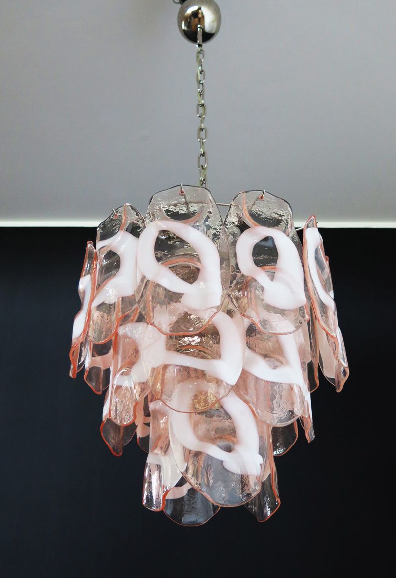 photo for sale 1970’s Vintage Italian Murano Chandelier Lamp In Vistosi Style 23 Pink Glasses