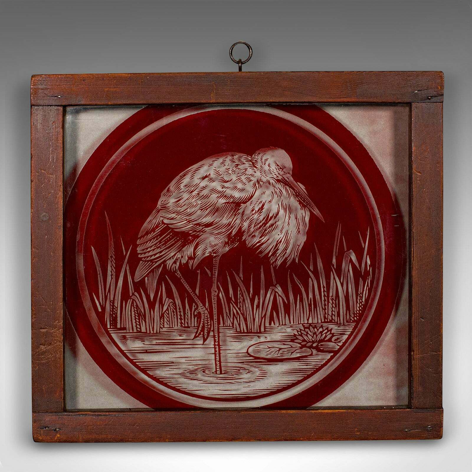 Vintage Hanging Window Panel, Japanese, Etched Glass, Framed, Art Deco, C.1940 photo for sale