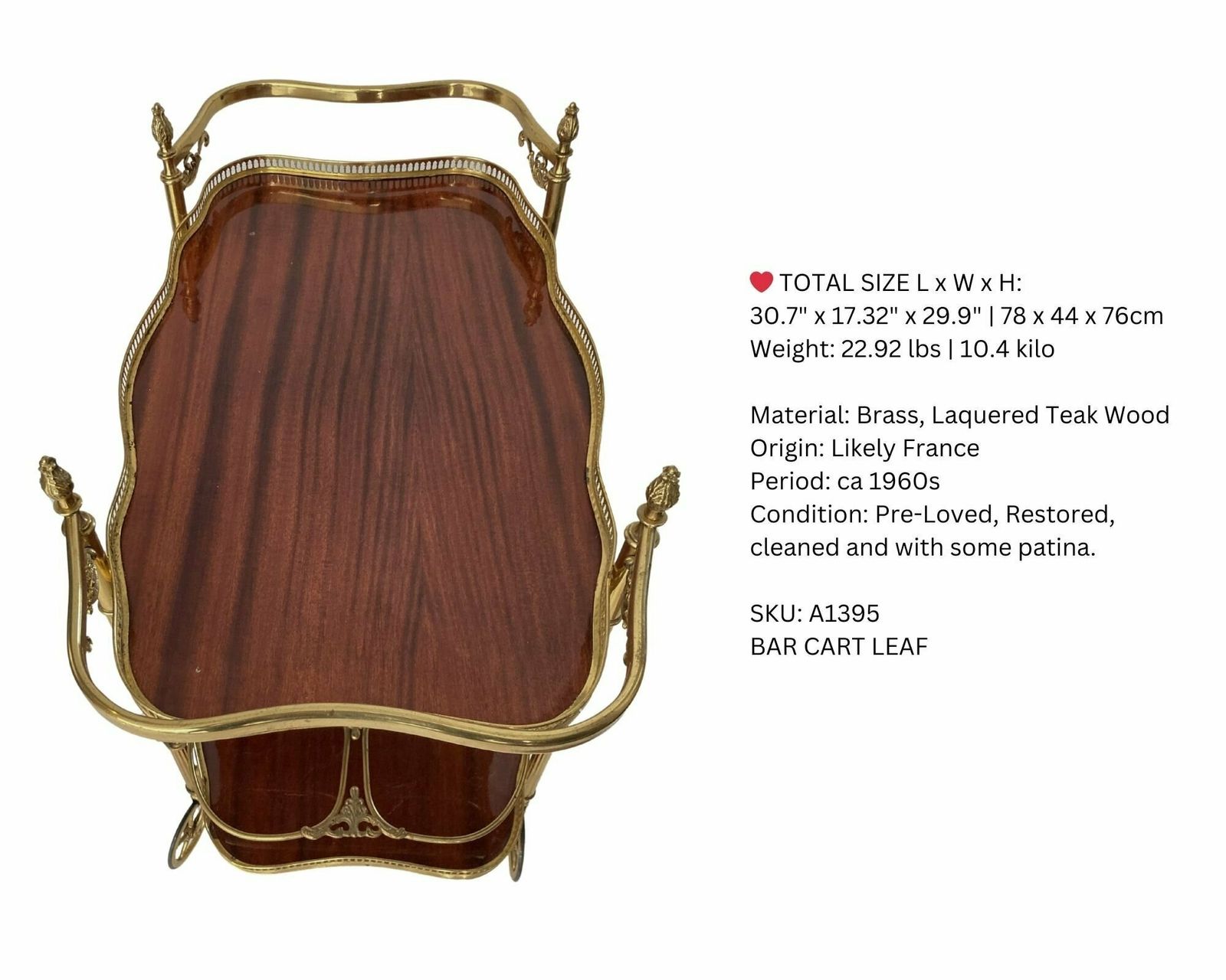 Brass Wood Bar Cart | Neoclassical Leaf Shaped! | Teak Wood And Removable Trays | Ca 1950s photo Furniture