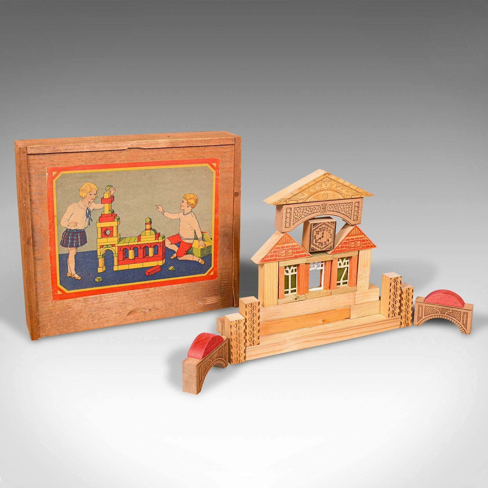 2 Vintage Building Block Sets, German, Pine, Toy Box, After Froebel, Baukasten photo for sale