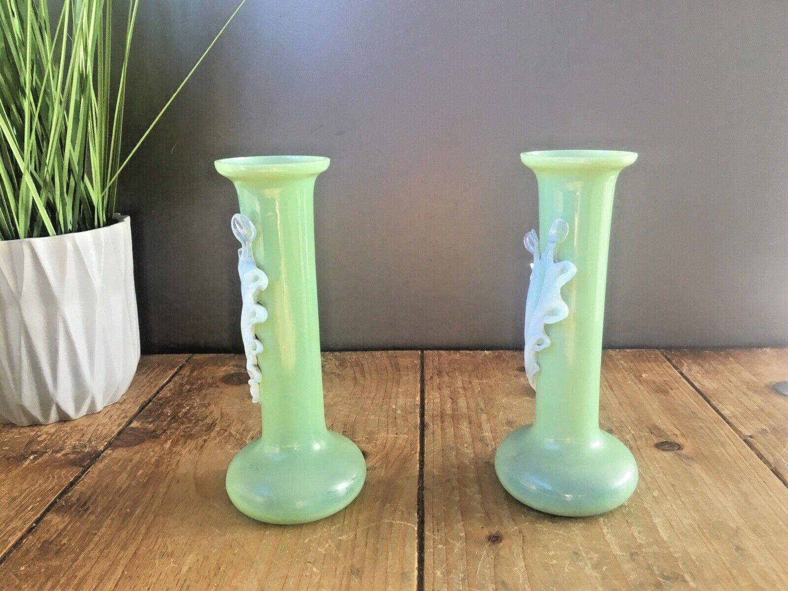 Pair Of Antique 19th C Bohemian Applied Vaseline Leaf Jade Glass Bud Vases Czech photo for sale