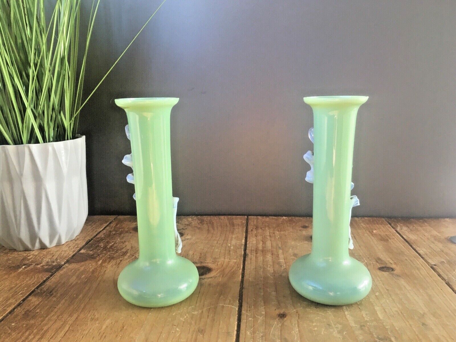Pair Of Antique 19th C Bohemian Applied Vaseline Leaf Jade Glass Bud Vases Czech photo Home Decor