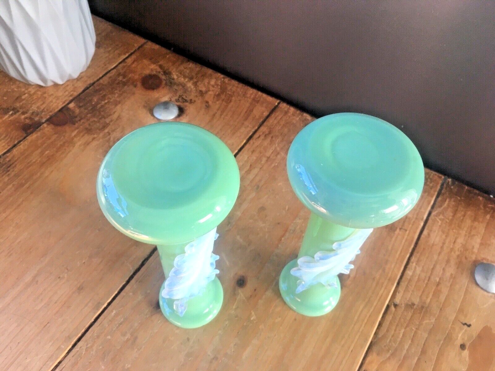 photo furniture Pair Of Antique 19th C Bohemian Applied Vaseline Leaf Jade Glass Bud Vases Czech