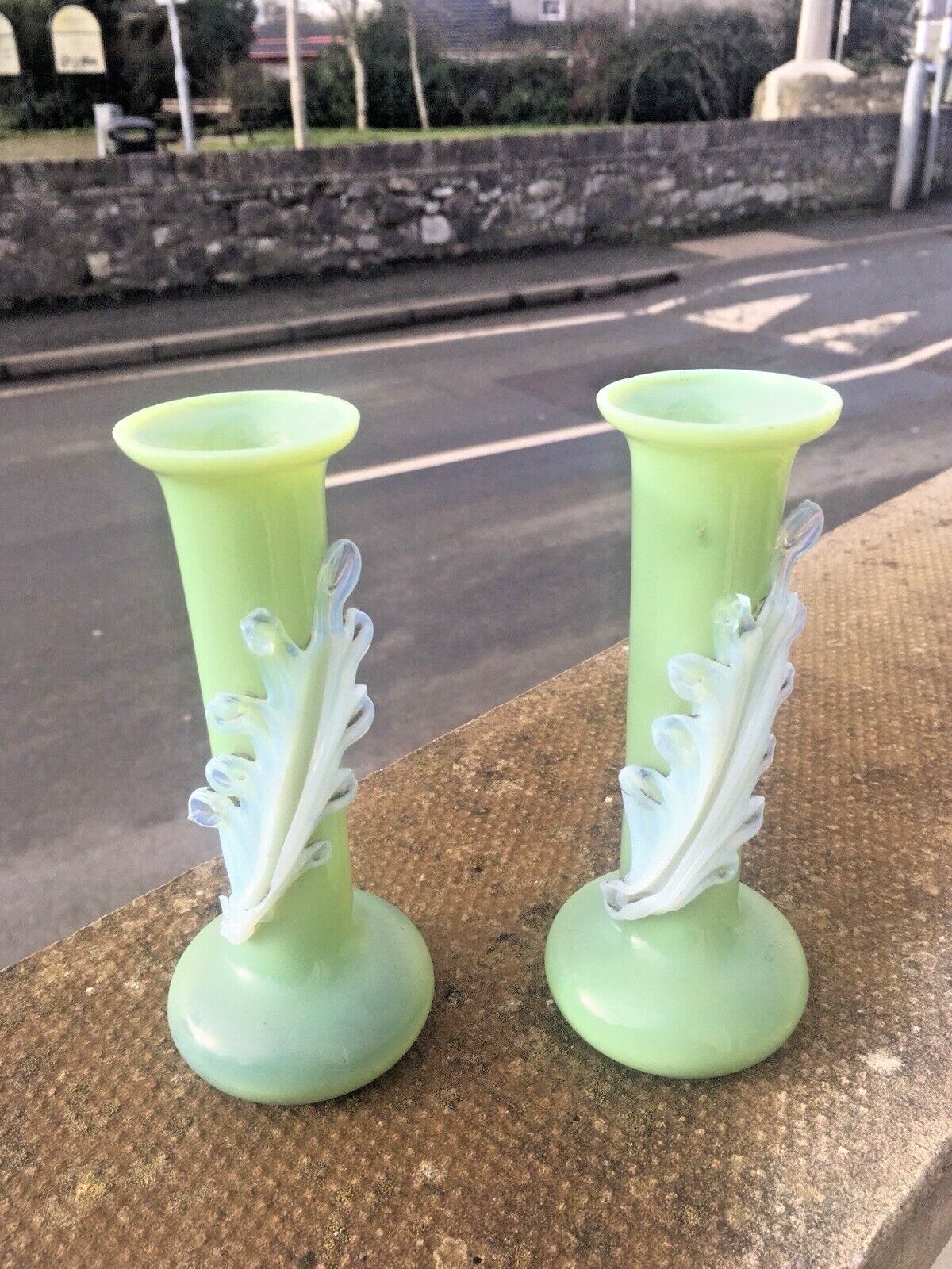 Home Decor Pair Of Antique 19th C Bohemian Applied Vaseline Leaf Jade Glass Bud Vases Czech photo