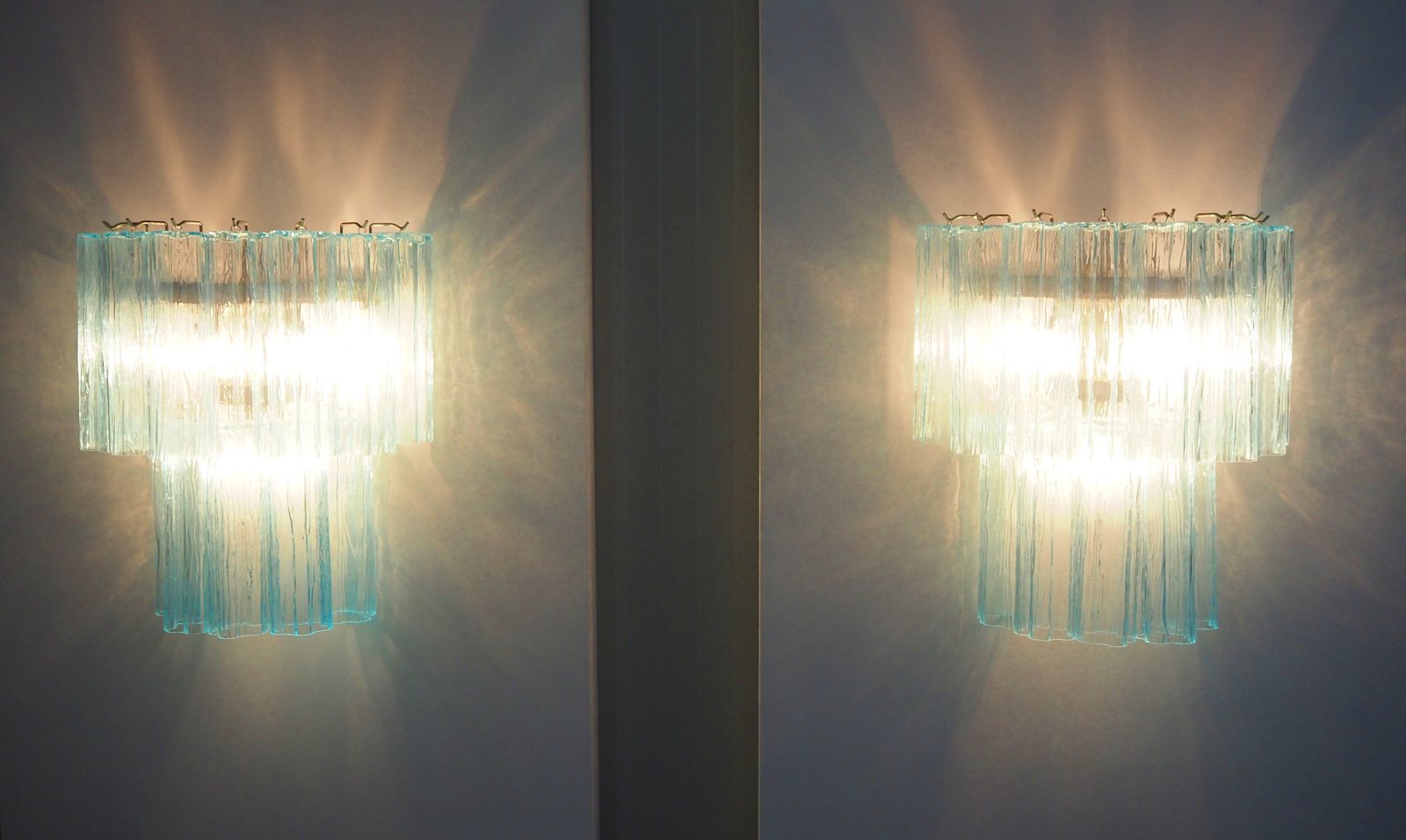 Fantastic Pair Of Murano Glass Tube Wall Sconces   13 Blue Glass Tube photo 830.0