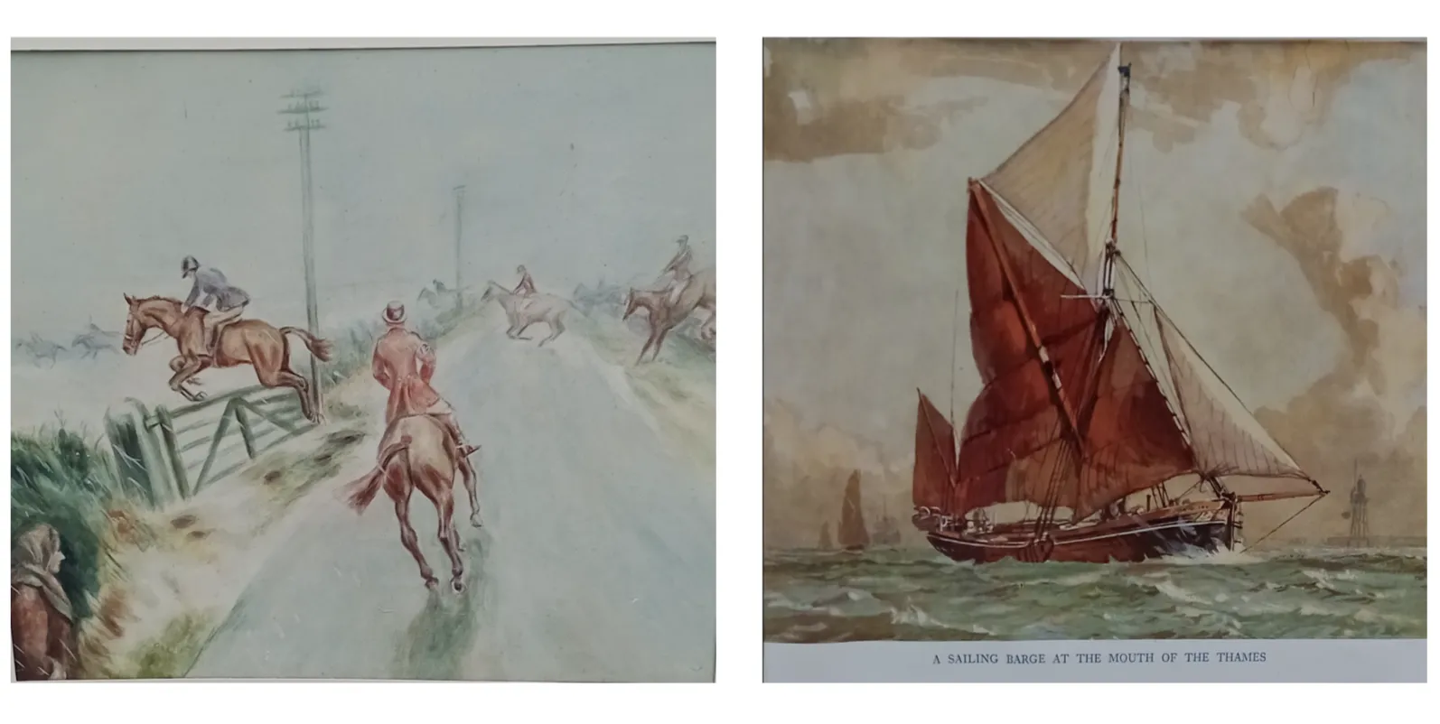 Antique Horse Hunting & Sailing Barge On The Mouth Of Thames Print photo Art