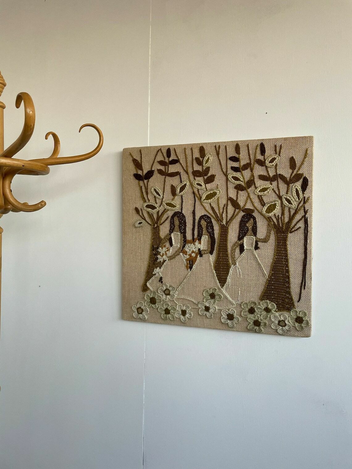 Folk Art Embroidered Wall Piece With 3 Women Collecting Flowers Cream Brown photo furniture