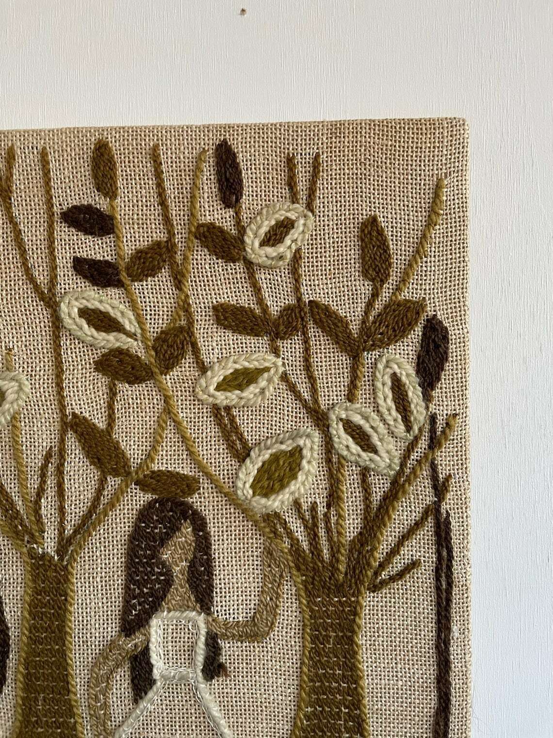 Folk Art Embroidered Wall Piece With 3 Women Collecting Flowers Cream Brown photo buy