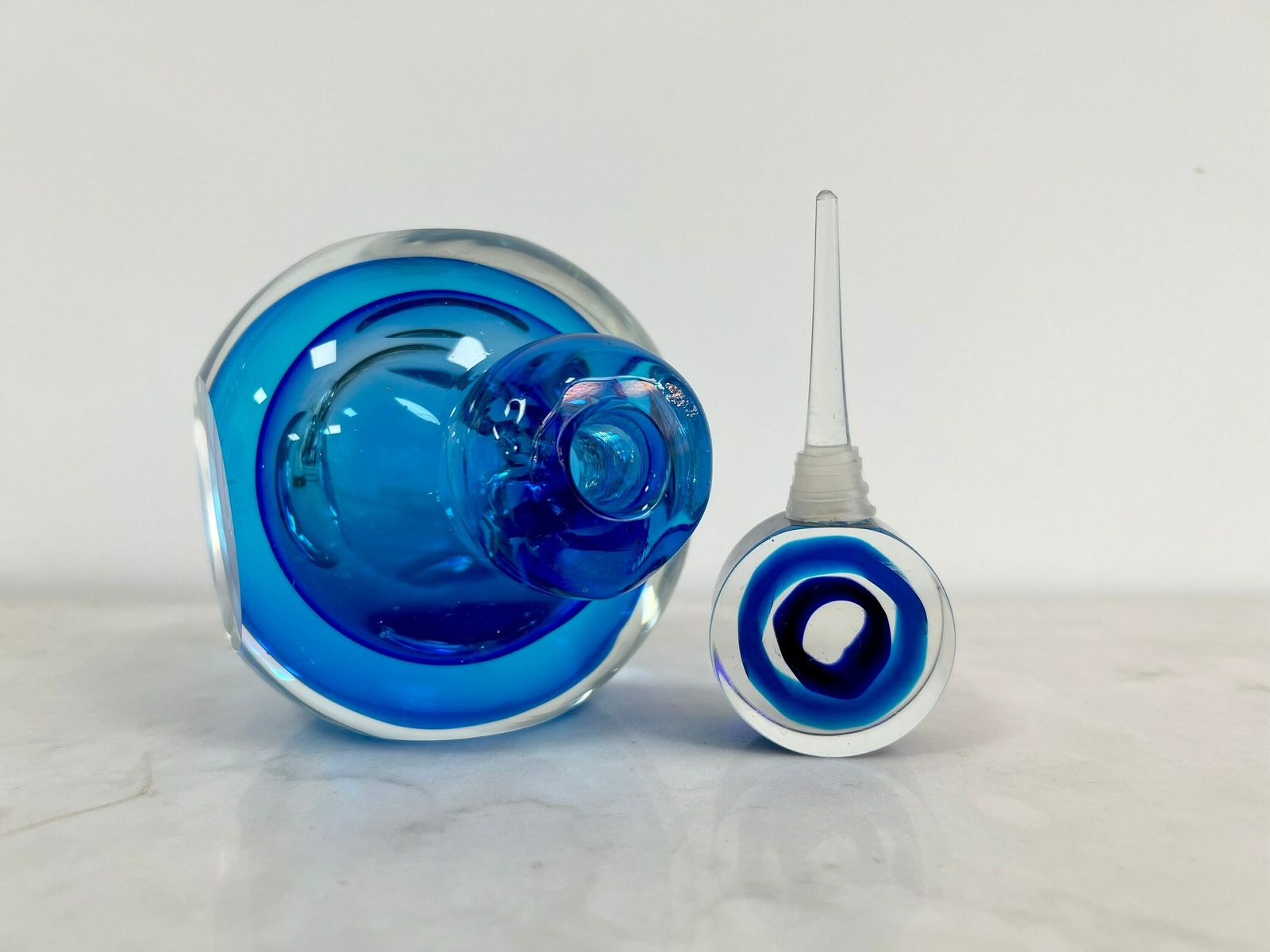 Vintage Murano Art Glass Perfume Bottle, Jewel Blue Tones Sammerso Style Glass, Blue Bull’s Eye Glass photo buy