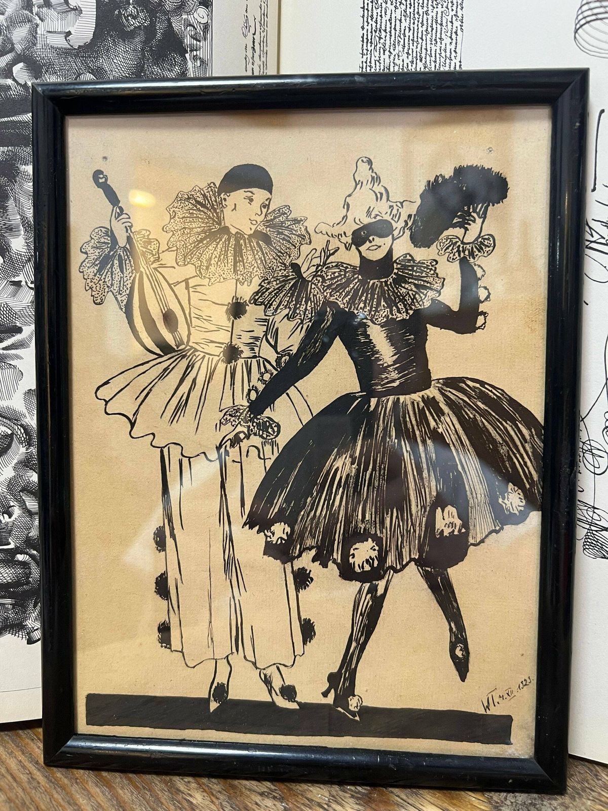 Antique Pen & Ink Drawing On Paper, Framed Picture Of Harlequin/ Pierot, Costume Ball, Germany 1923 photo for sale
