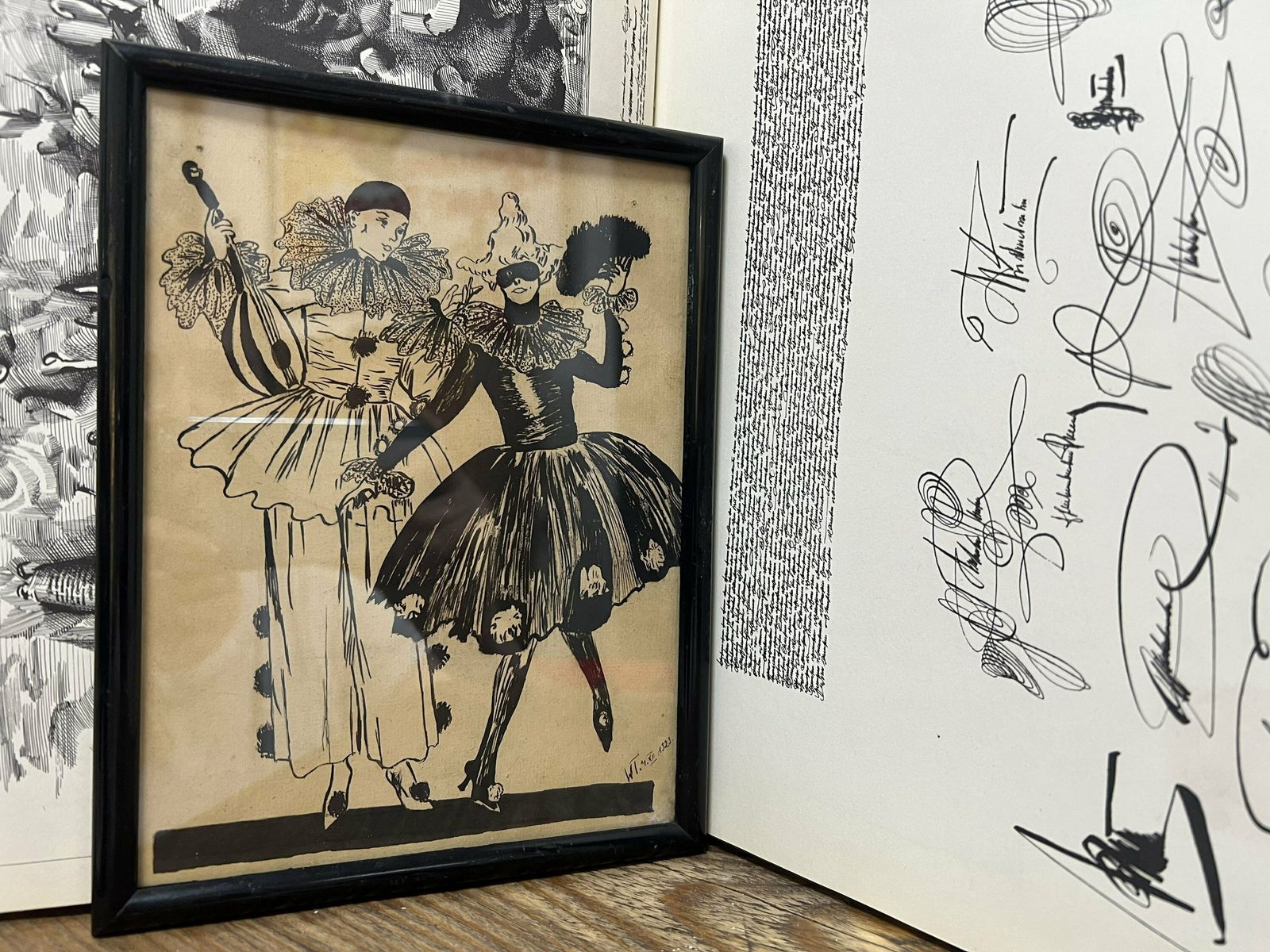 Antique Pen & Ink Drawing On Paper, Framed Picture Of Harlequin/ Pierot, Costume Ball, Germany 1923 photo 230.0